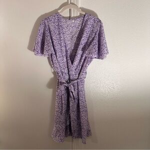 SHEIN Lilac Purple Floral Tie Front Ruffle Mini Dress V Neck Short Sleeve A Line